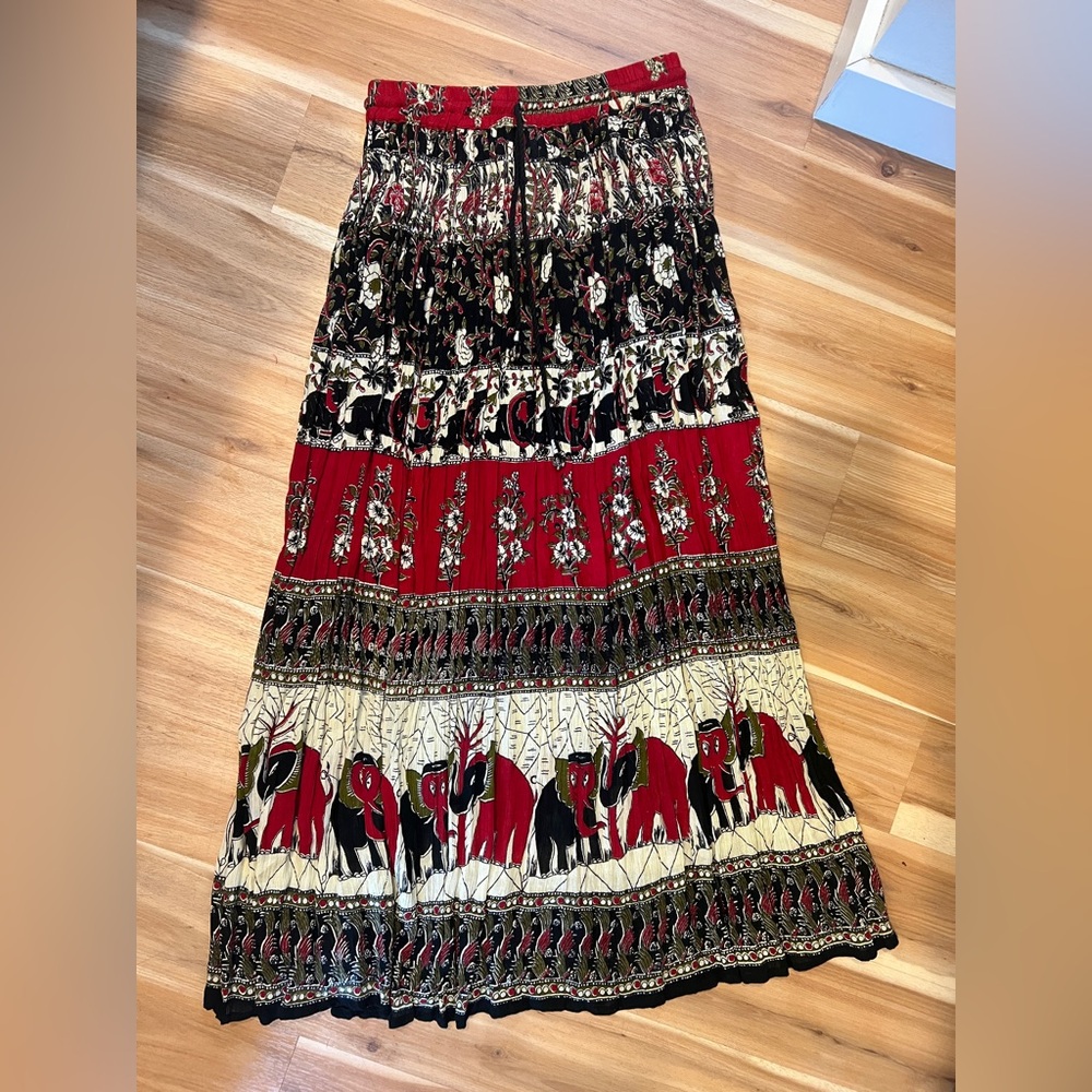 Sky Lark Elephant Print Red and Black Maxi Skirt